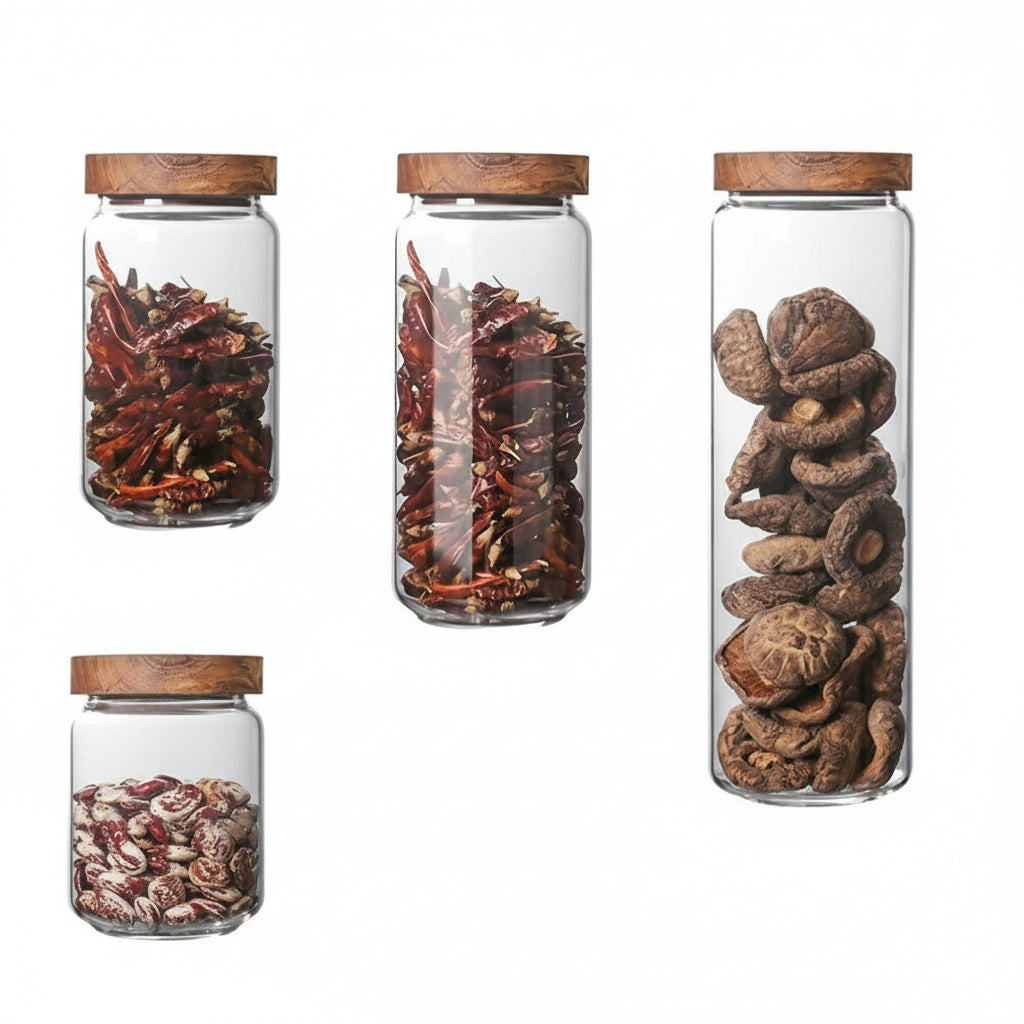 Glass jars with wooden lids containing different items.