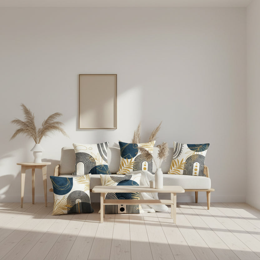Decorative pillows with geometric patterns on a sofa in a living room setting.