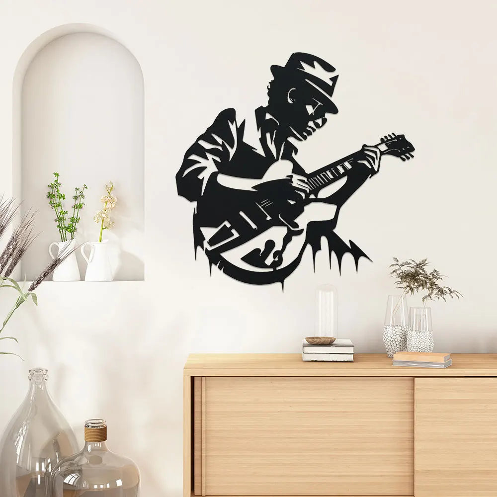 Black guitarist metal wall art with silhouette cut-out design, approx. 28cm x 28cm