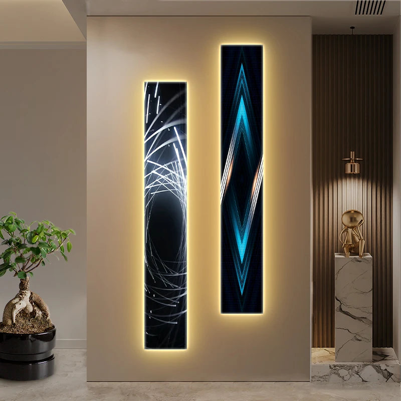 Two vertical light art pieces on a wall with decorative elements.