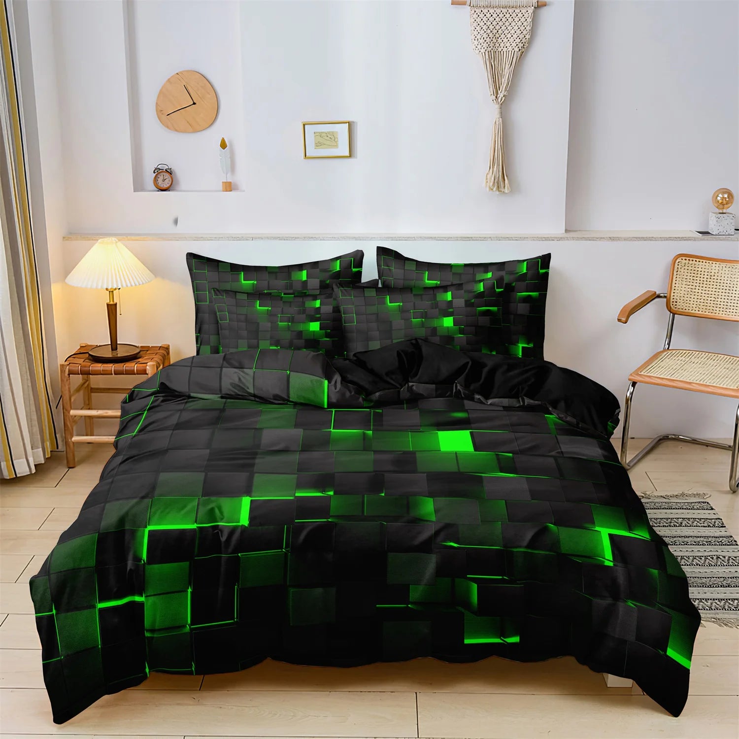 Black bedding set with green geometric block 3D print and matching pillowcases