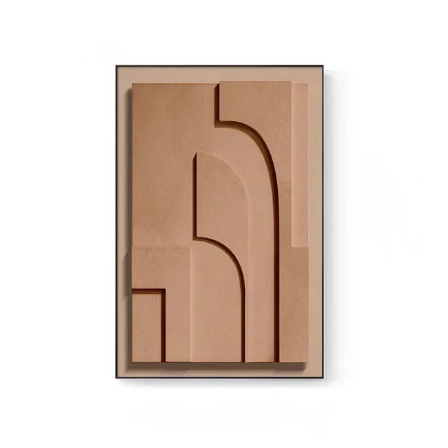 Brown abstract wall art with geometric design on a white background