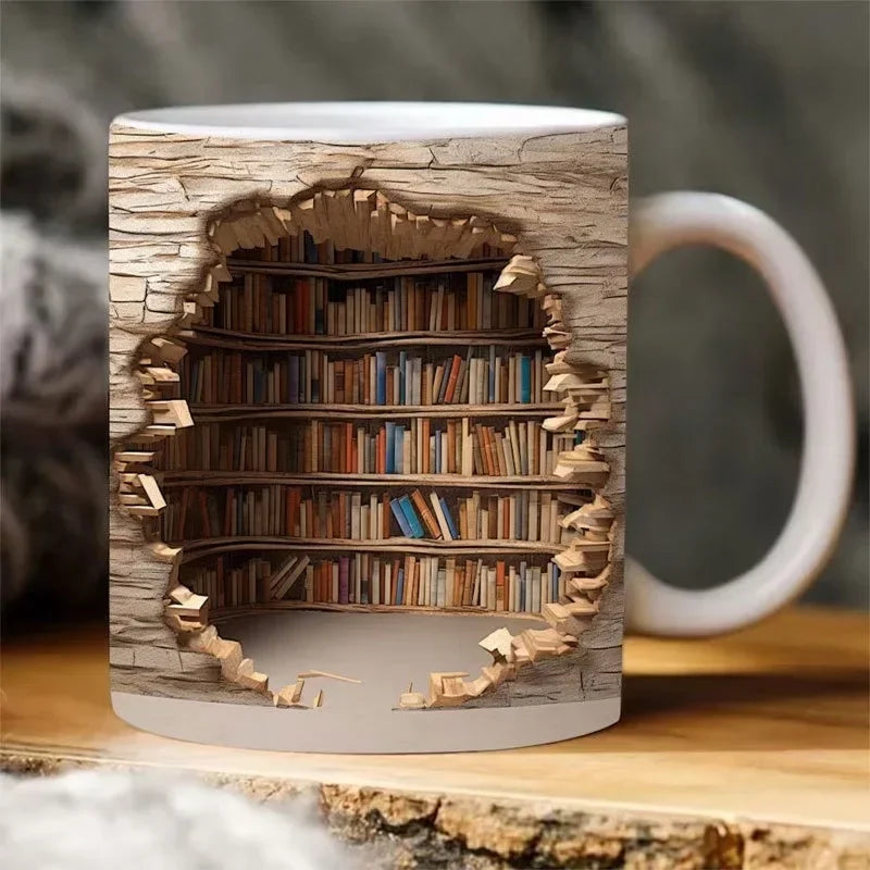 Mug with a design of a bookshelf cut into wood