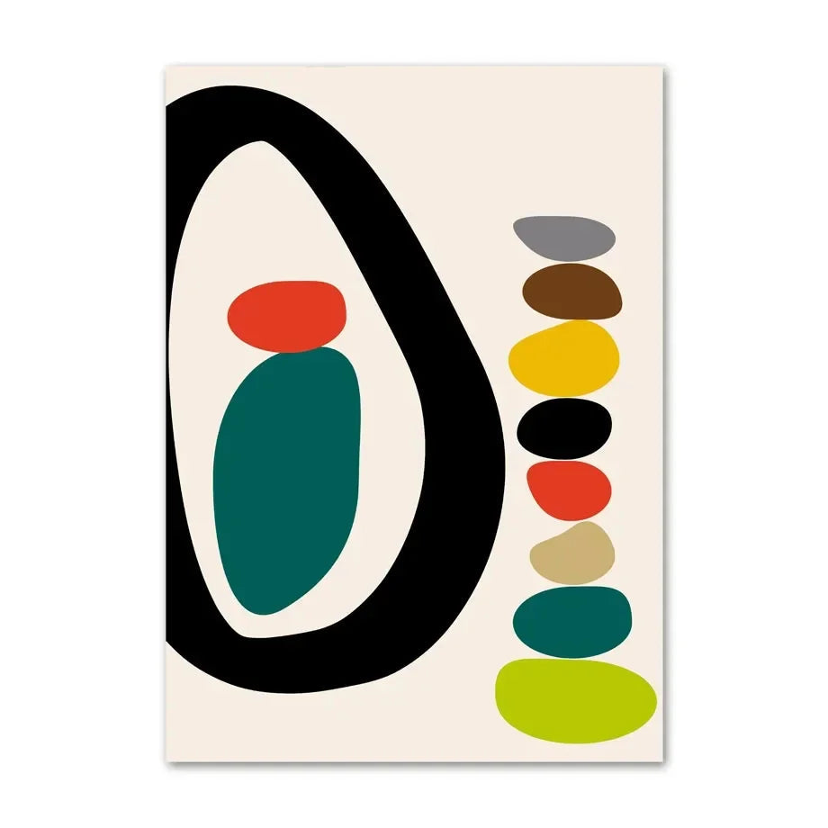 Organic abstract canvas print with bold black outline, teal centre shape, and stacked pebble forms in multiple colours