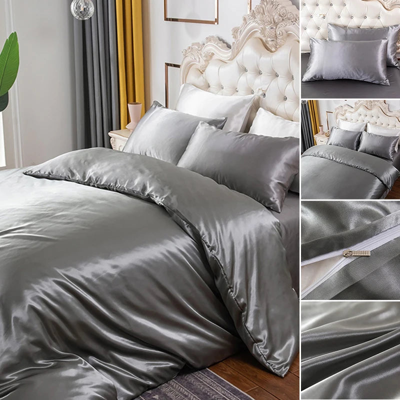A Grey satin bedding set on a bed with close-up details.