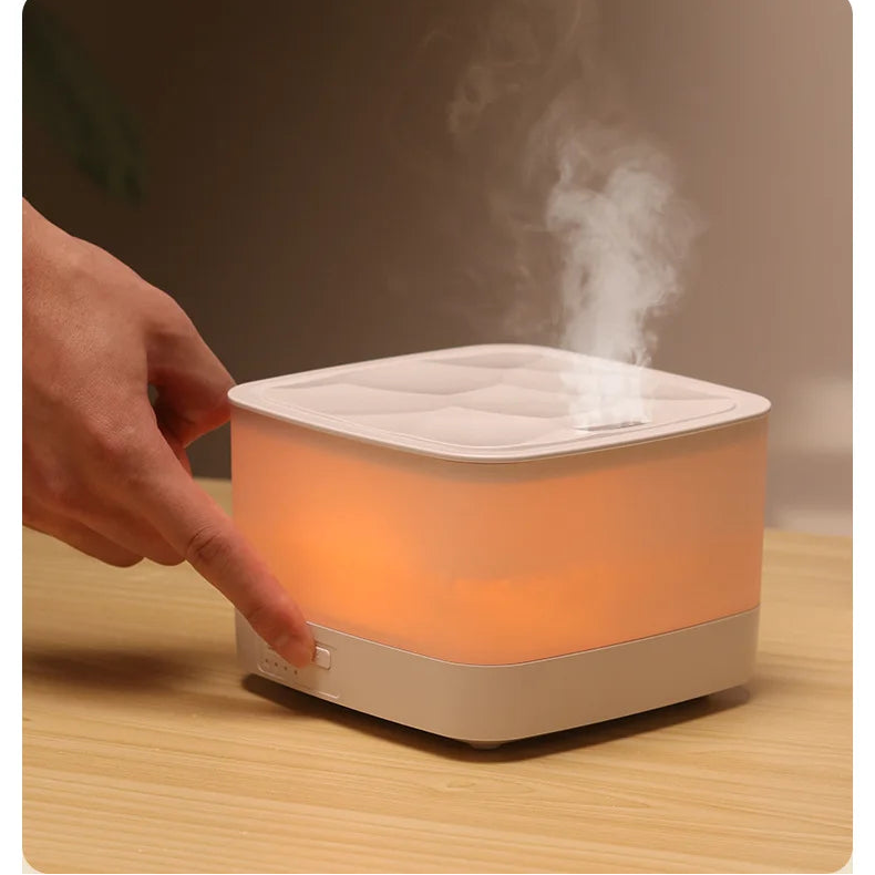 Humidifier emitting steam on a wooden surface with a blurred background