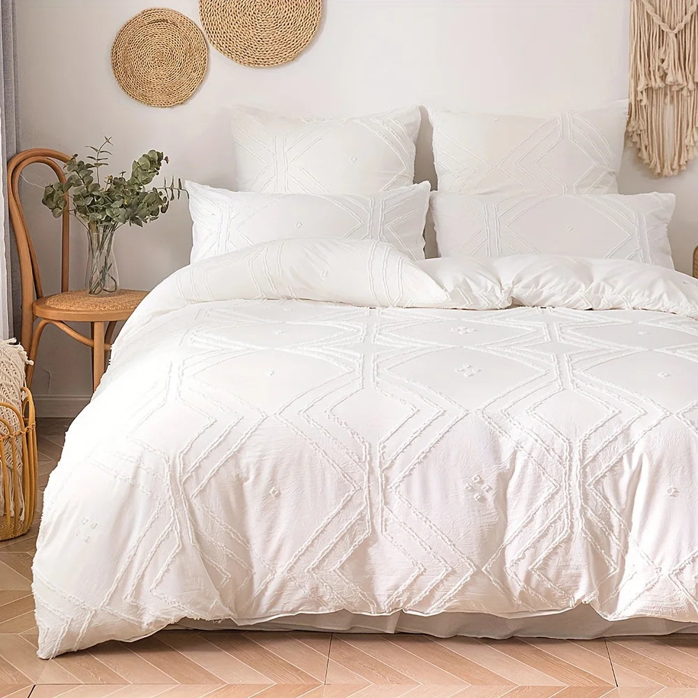 White geometric duvet cover set in a minimalist bedroom interior