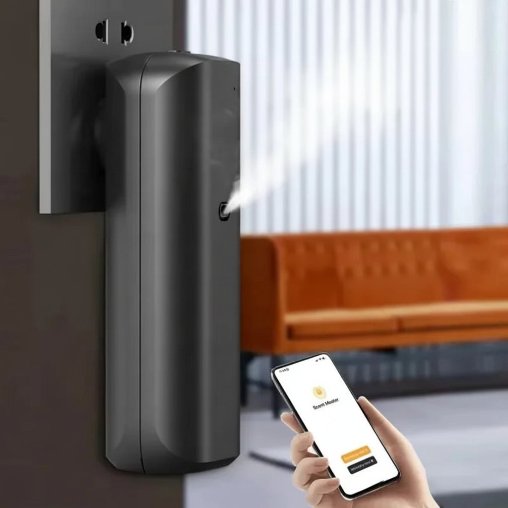 Black wall-mounted essential oil diffuser in a modern bathroom setting