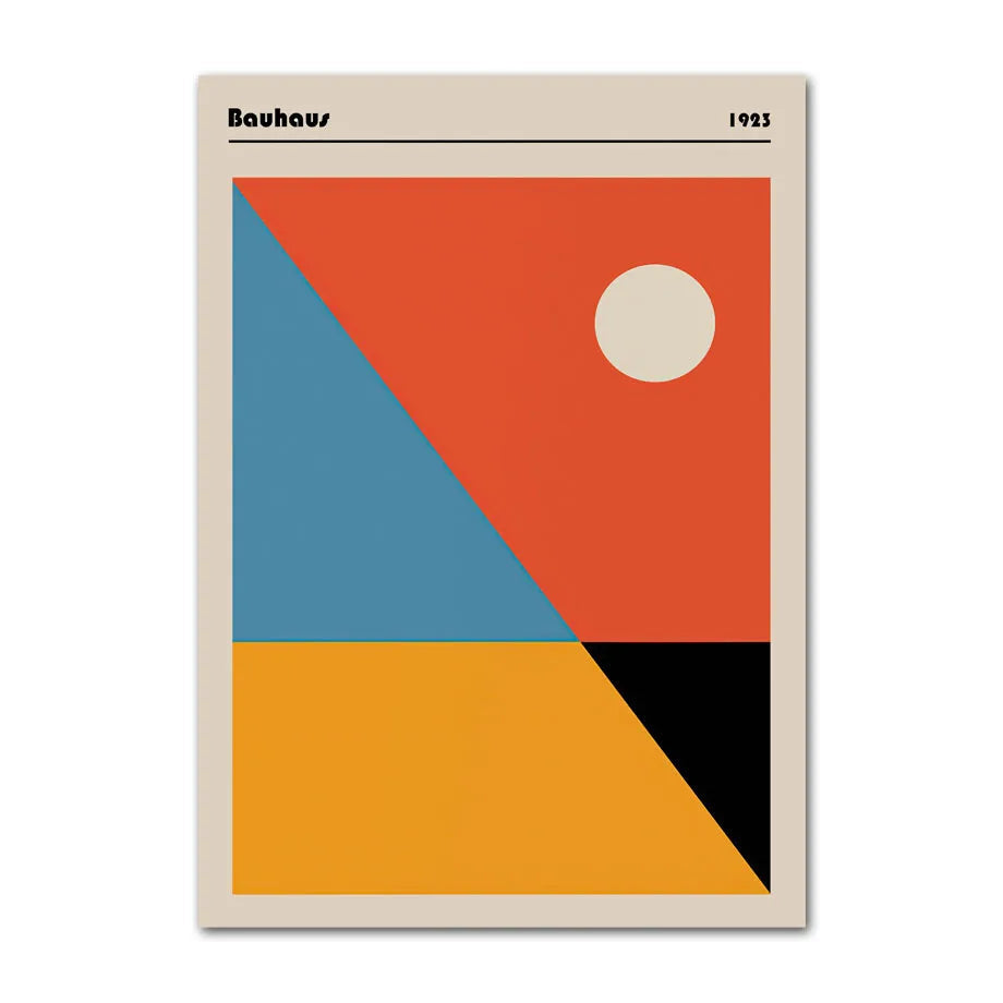 Geometric landscape style with orange, blue, and yellow.