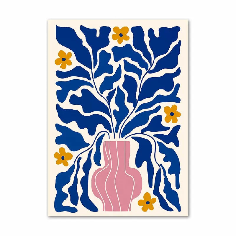 Decorative poster with blue abstract leaves and pink vase on a white background