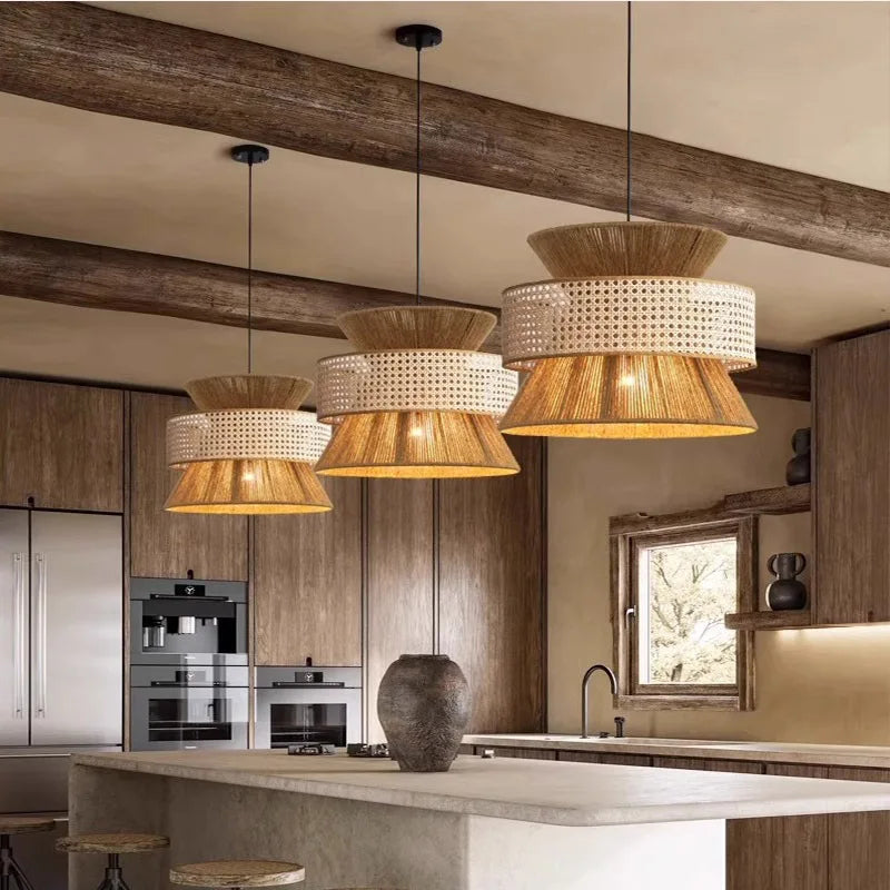 Modern kitchen with pendant lights and wooden beams