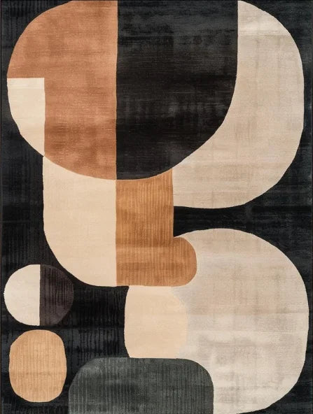 Geometric patterned rug with abstract shapes in brown, beige, and black.