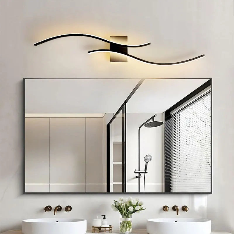 Modern black wall sconce in a dining room setting with chairs and a window.