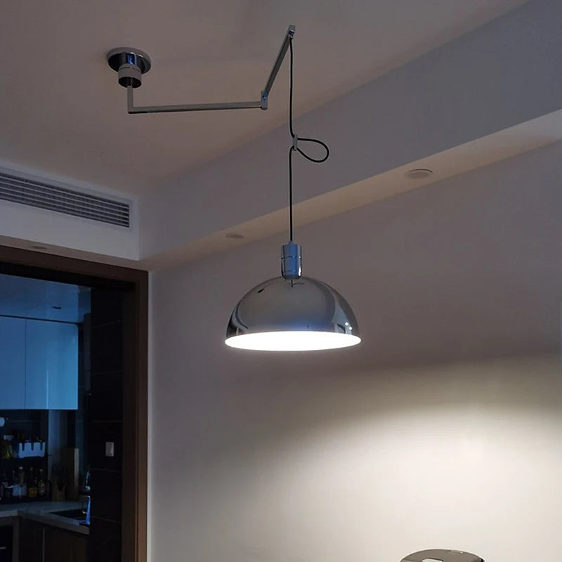 Polished chrome dome pendant light with adjustable metal arm