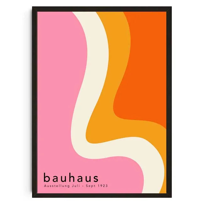 Bauhaus poster with abstract design on a pink, orange, and white background