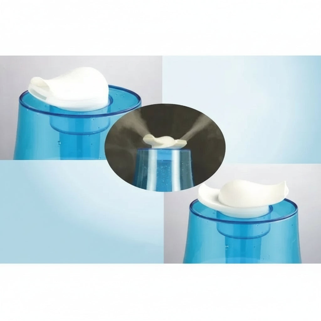 Blue and white mist maker with features highlighted on a grey background