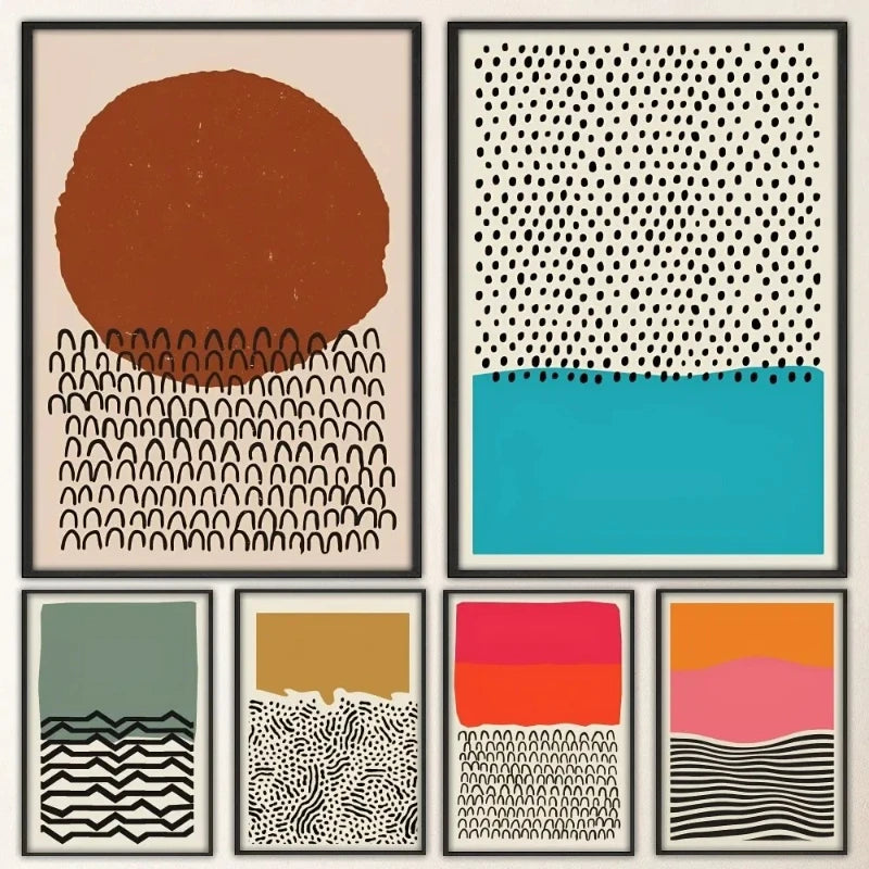 Abstract cotton canvas print with a large terracotta circle and black arch pattern on a neutral background
