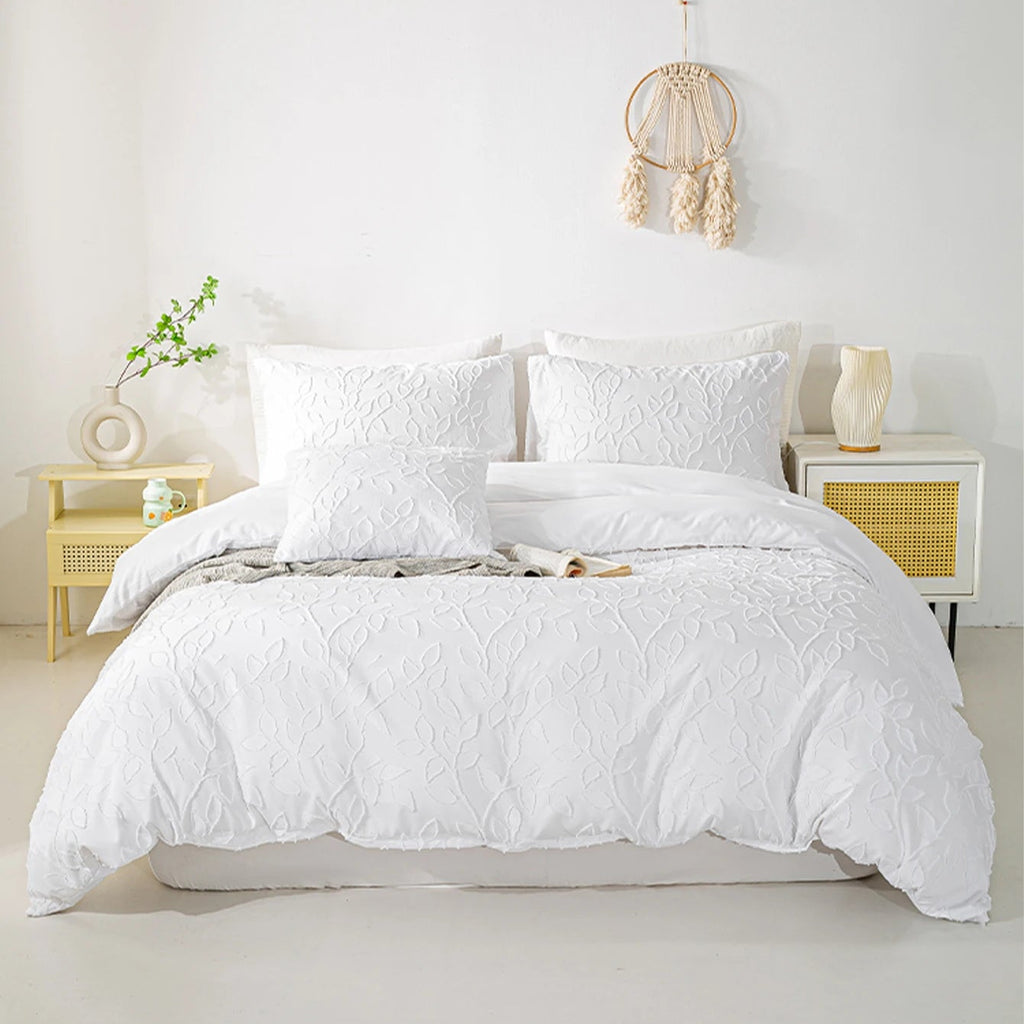 White jacquard duvet cover set with raised leaf pattern