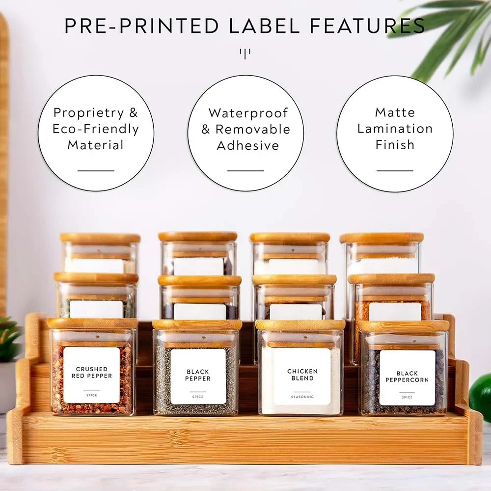 Bamboo spice rack with pre-printed labels on a white background