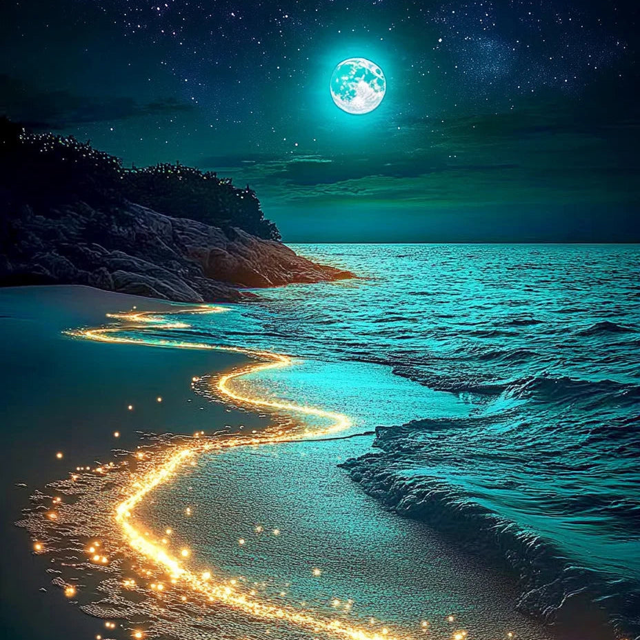 Vibrant midnight scene with a glowing bioluminescent shoreline and a bright full moon.