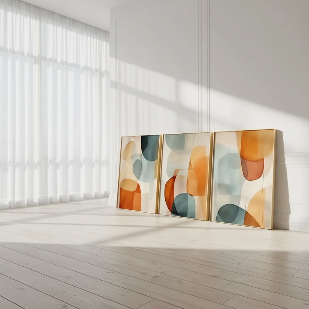 Three abstract art pieces in a modern interior setting
