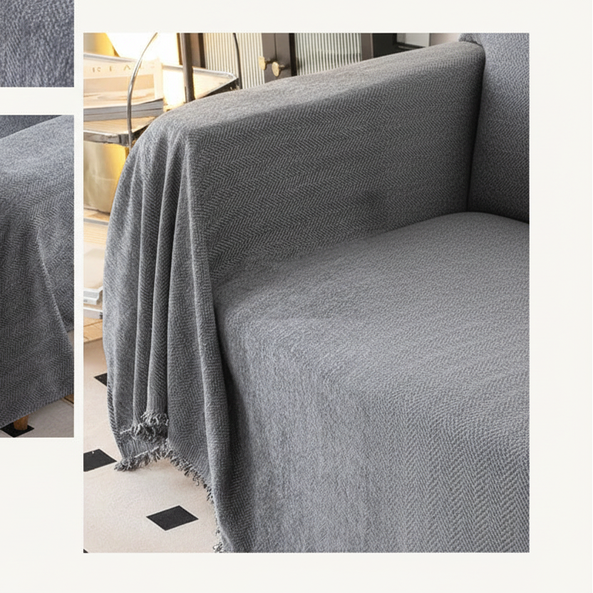 Herringbone Chenille Sofa Throw - Heavyweight 350gsm Furniture Cover | Aesthetic Pad