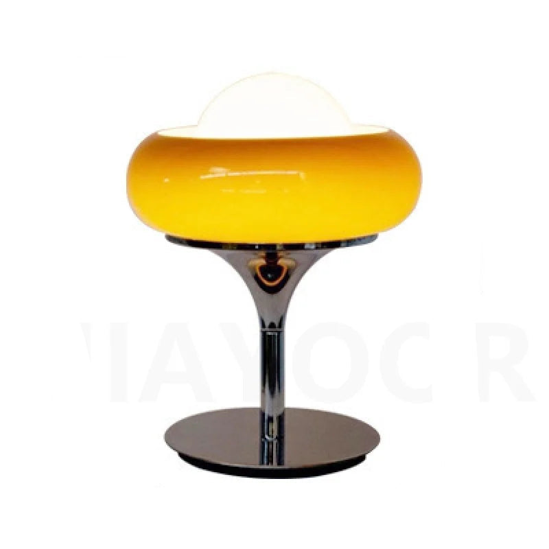 Yellow table lamp with dimensions on a white background