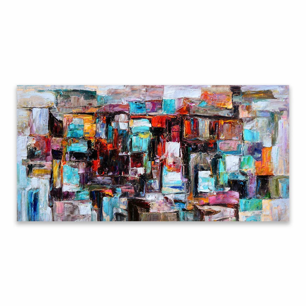Abstract painting with multicoloured blocks on a white background