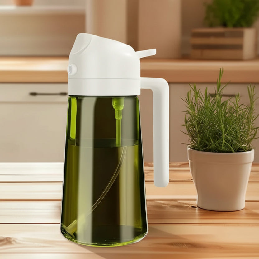 Green oil dispenser with white lid on a wooden surface, kitchen setting