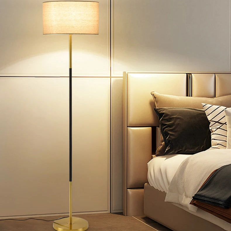 Modern Art Floor Lamp in Black and Gold with dimensions showing 158cm height and 38cm shade diameter.