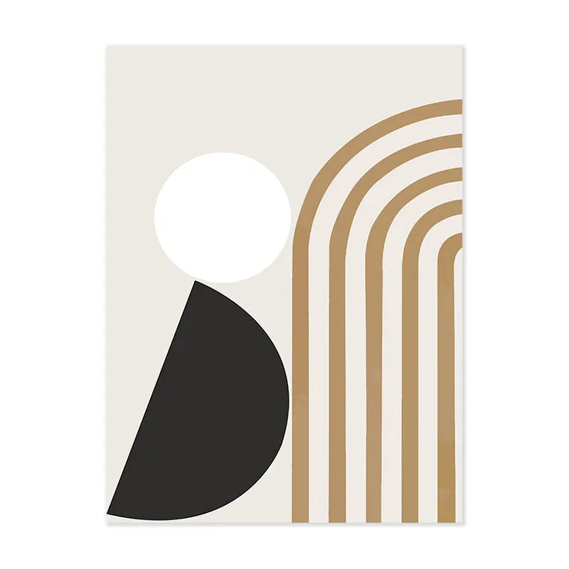 Abstract design with a black half-circle and gold curved lines on a beige background