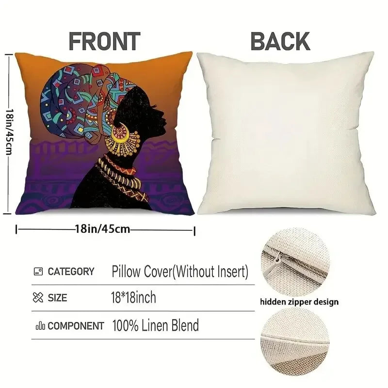 Cushion cover with a design of a woman's silhouette and a colourful headscarf, shown from front and back, with measurements and material details.
