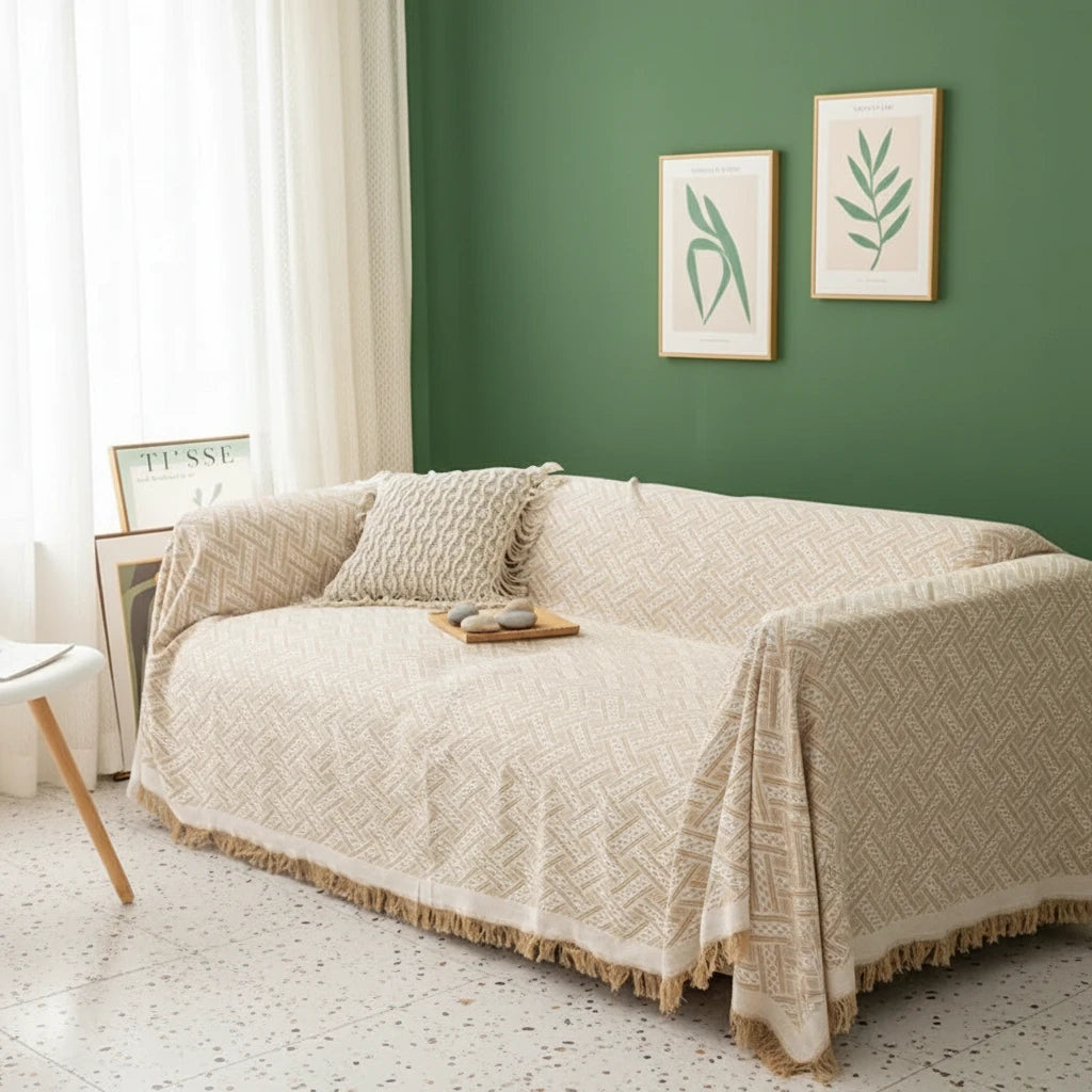 Oat beige sofa cover with fringe trim styled against a green feature wall