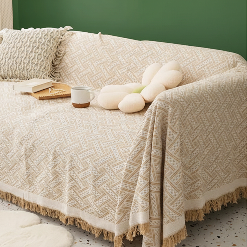 A warm ivory textured sofa cover on a couch with decorative pillows and a mug.