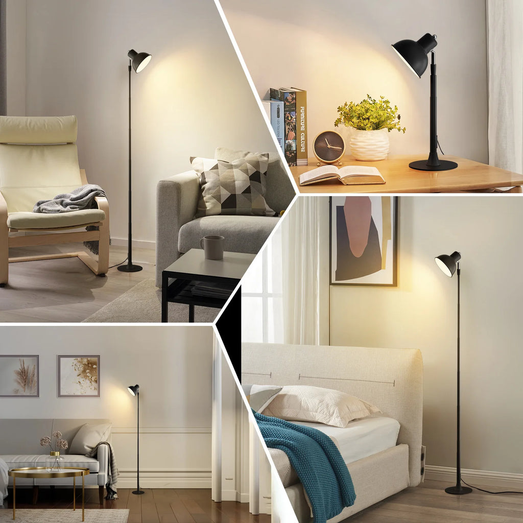 Collage of a modern living room and bedroom with floor lamps.
