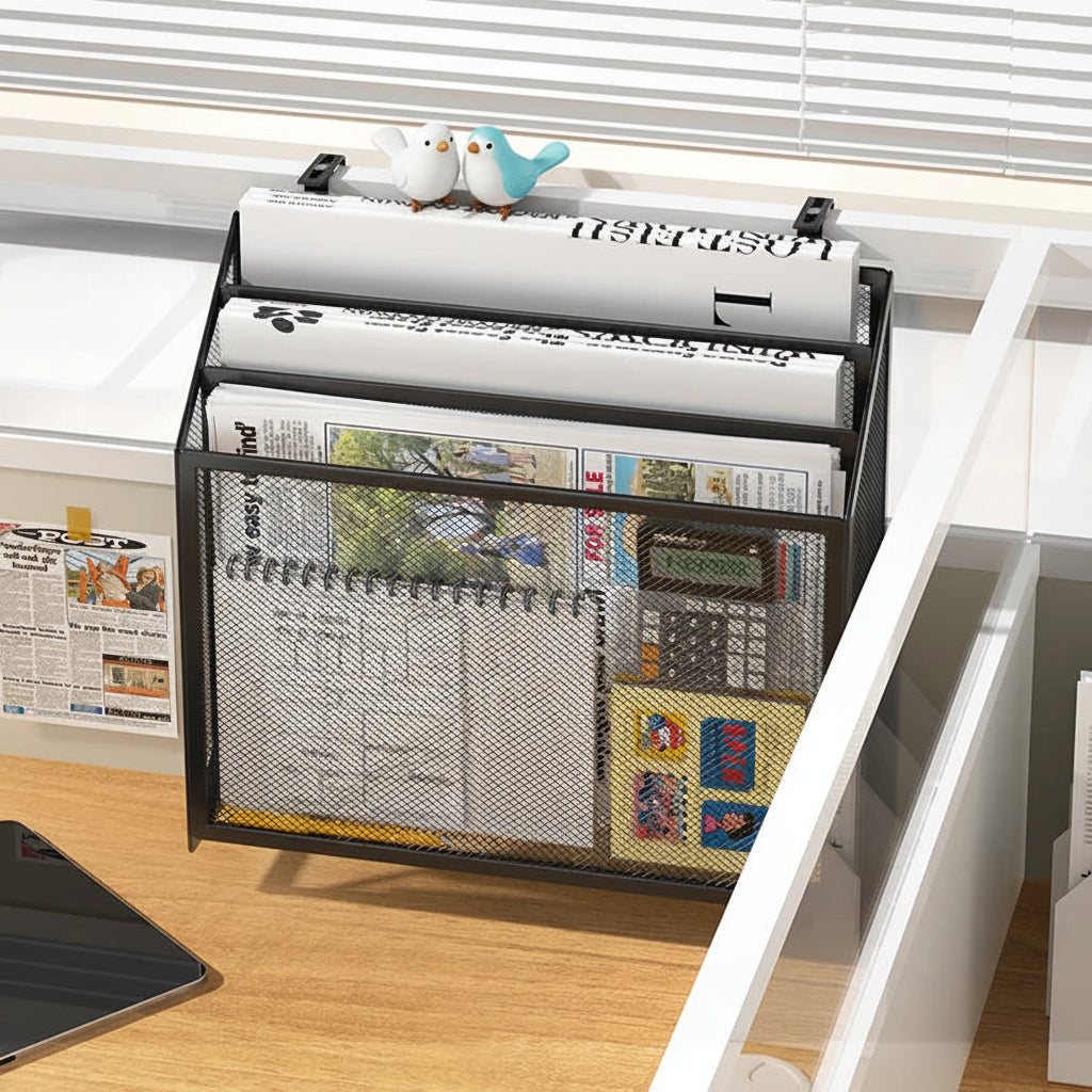 Black wall-mounted metal mesh storage tray