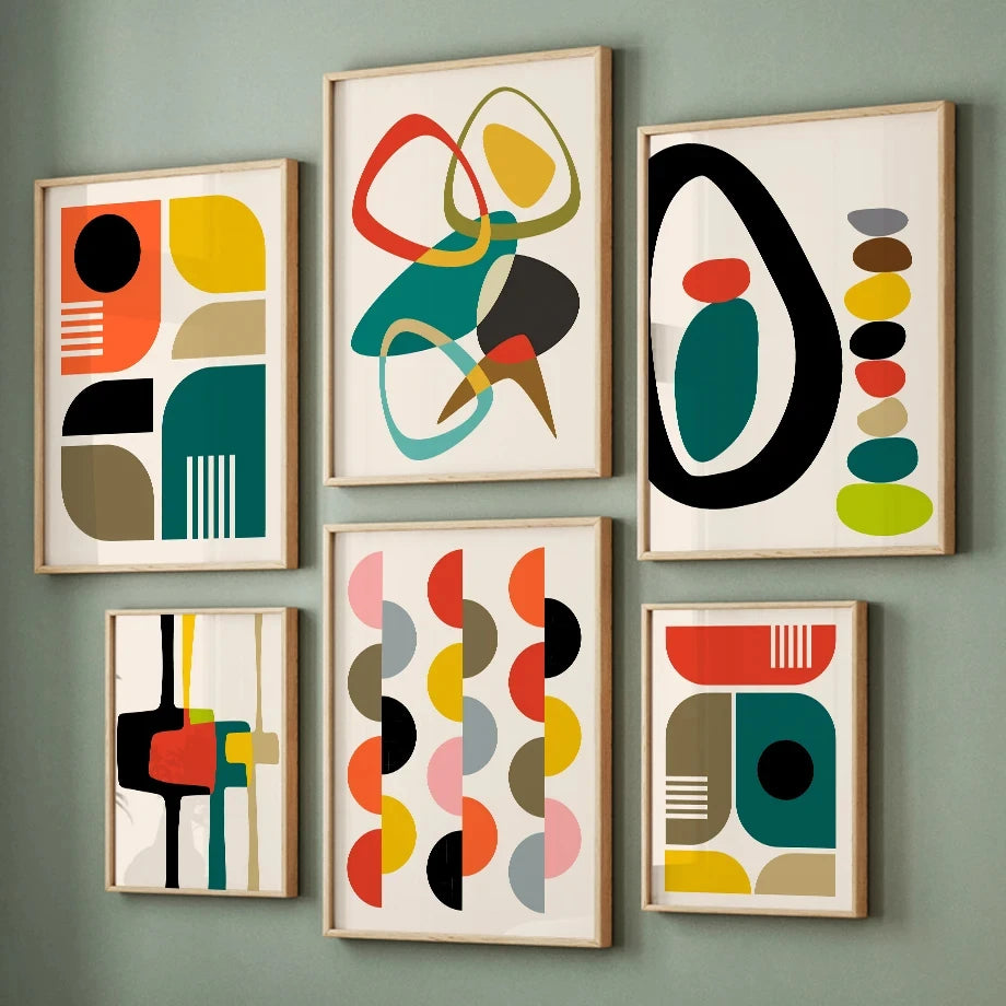 Set of six abstract art prints on a wall