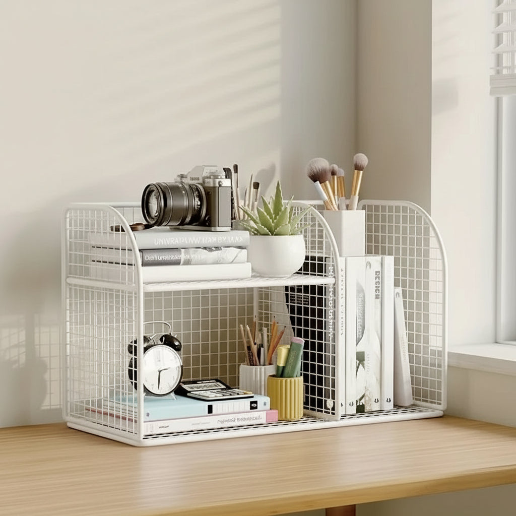 White mesh desk organizer with measurements on a wooden surface