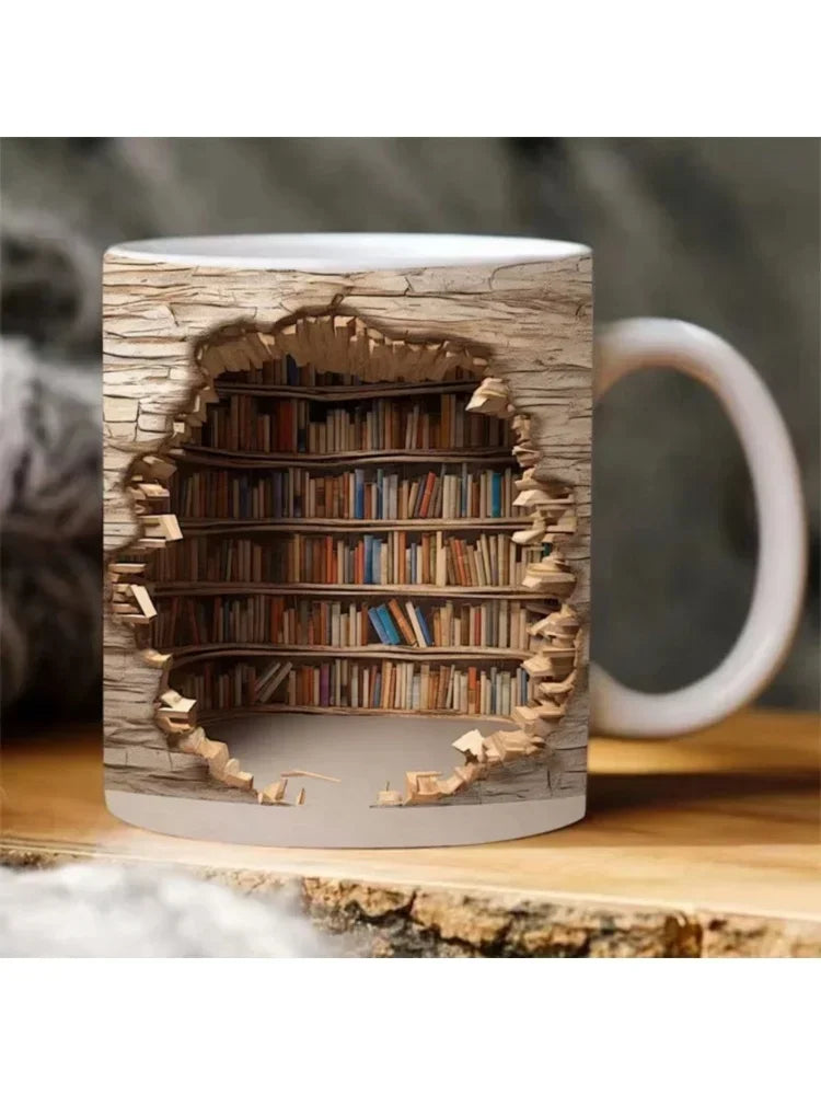 Mug with a design of a bookshelf on a wooden surface