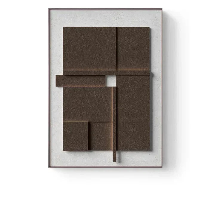 Abstract wall art with brown geometric shapes on a white background