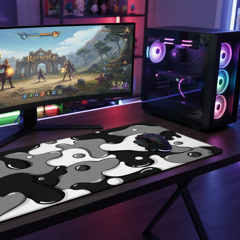 Large black, white and grey abstract gaming mouse pad measuring 90 x 40cm.