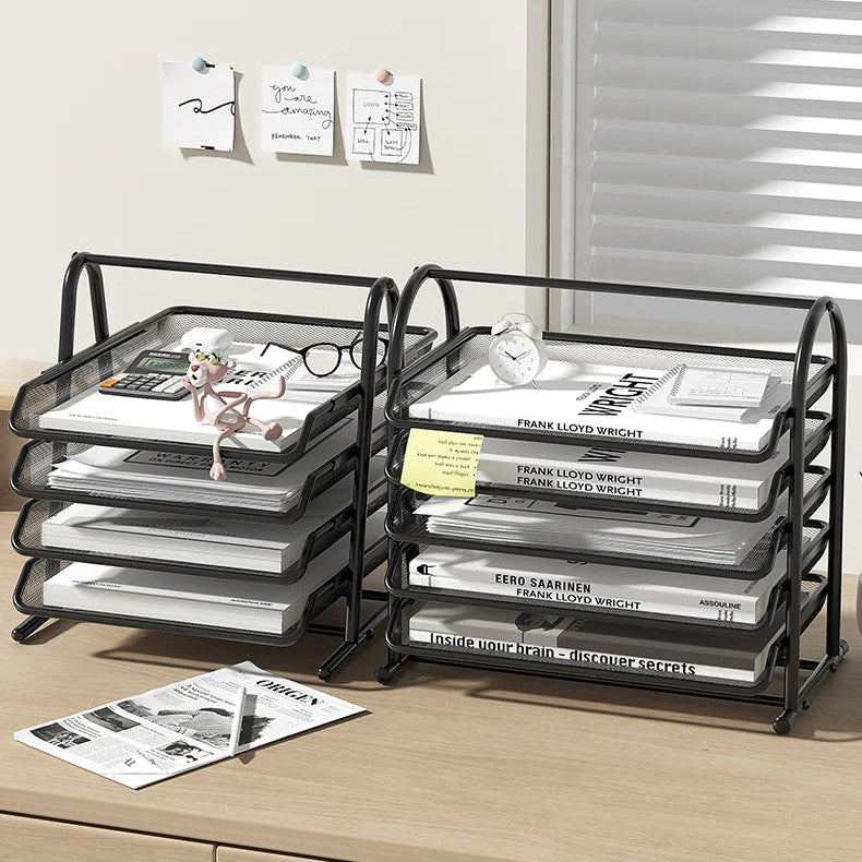Two black metal storage racks with documents on a wooden surface, text overlay about desk fit.