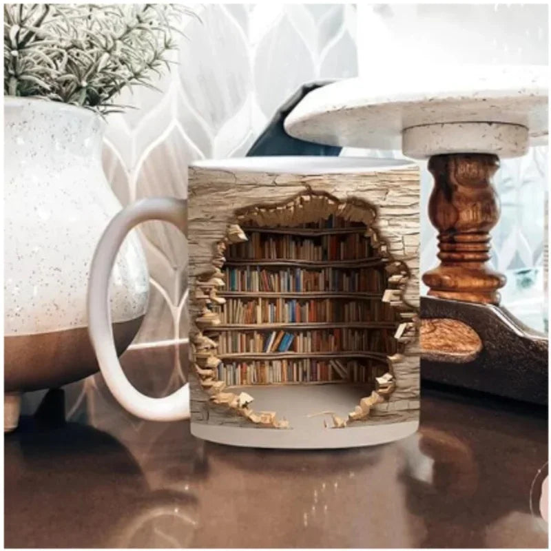 Mug with a bookshelf design on a table