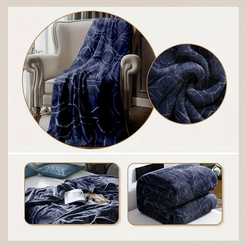 Navy blue textured blanket shown on a chair and bed with product details text.