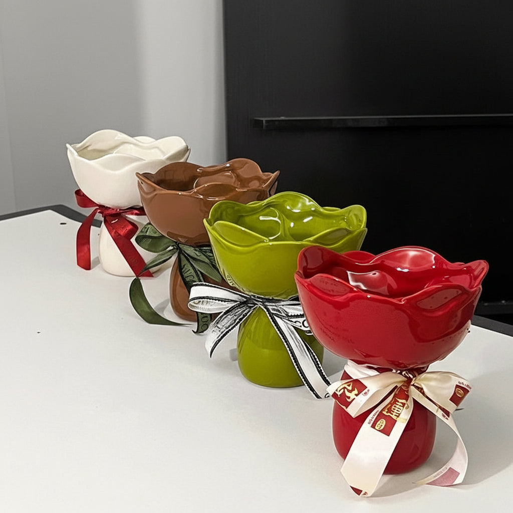 Set of colorful ceramic bowls with ribbons on a white surface