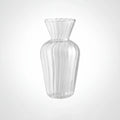 Clear glass vase with dimensions labeled on a white background