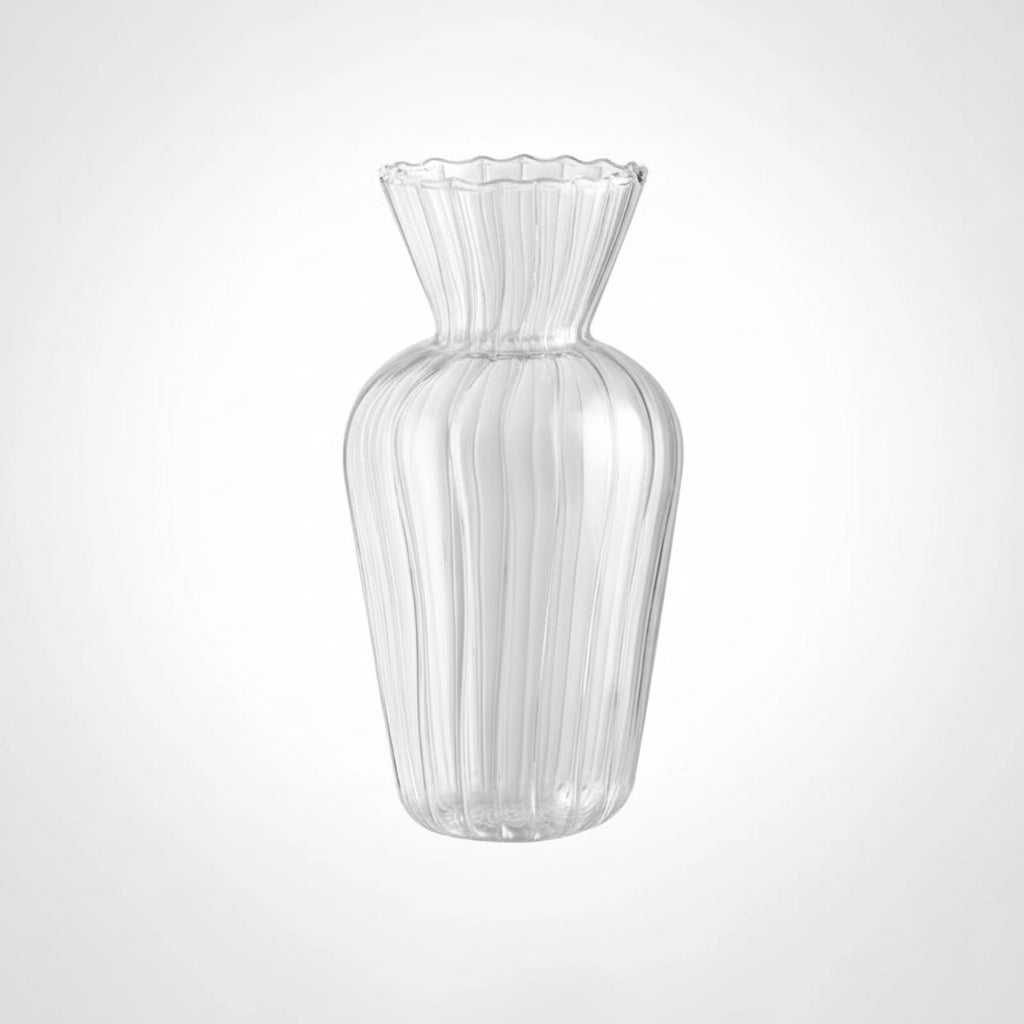 Clear glass vase with dimensions labeled on a white background