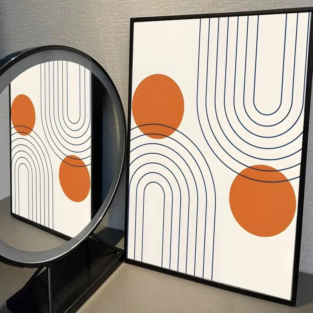 Modern abstract canvas with orange circles and intersecting black line arches