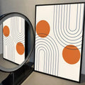 Modern abstract canvas with orange circles and intersecting black line arches