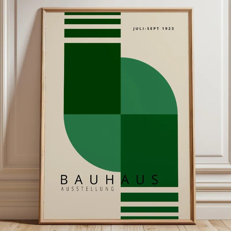 Bauhaus geometric wall print with dark and sage green blocks and curved abstract shapes